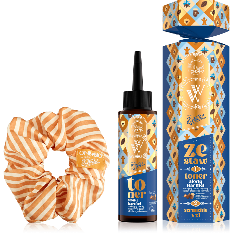 OnlyBio x Wedel Hair in Balance Zestaw świąteczny Toner + Scrunchie XXL Ptasie Mleczko Słony Karmel