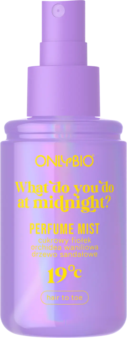 Otwarta butelka mgiełki perfumowanej OnlyBio z widoczną nakrętką i atomizerem


