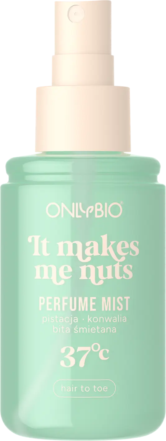 Otwarta butelka mgiełki perfumowanej OnlyBio z widoczną nakrętką i atomizerem


