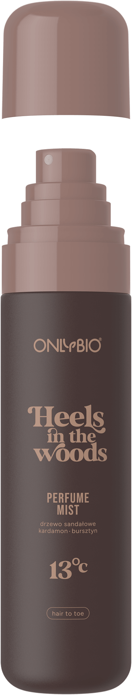 Otwarta butelka mgiełki perfumowanej OnlyBio z widoczną nakrętką i atomizerem


